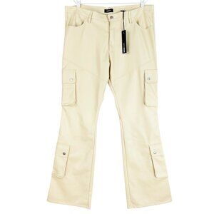NOVAMEN Men's Faux Leather Stacked Slime Flare Cream Cargo Pants 38x35 NWOT
